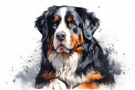 Watercolor illustration of bernese mountain dog portrait with drops and splashes of watercolor paint on white background , generative AIの素材