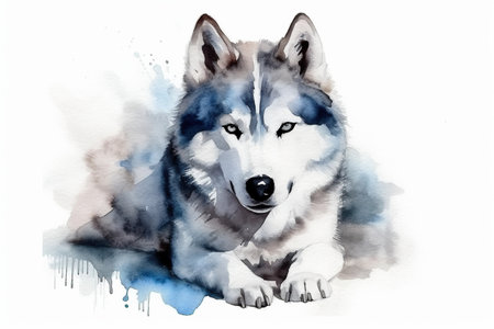 Watercolor illustration of siberian husky portrait with drops and splashes of watercolor paint on white background , generative AIの素材