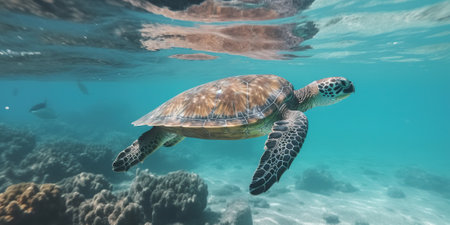 big water turtle swimming in the ocean near the bottom, underwater life, generative AIの素材