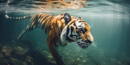 wild tiger swimming in the water of river, underwater View of wild nature, generative AIの素材
