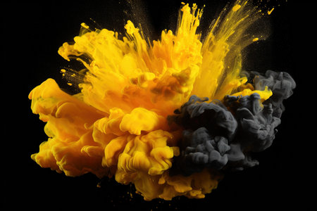 drops and splashes of blew up black and yellows paints on a black background, generative AIの素材