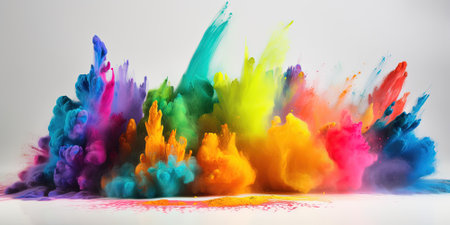 multicolor neon powder holi paints blew up, colorful splashes and drops on a white background, generative AIの素材