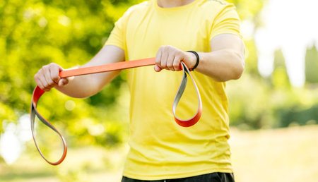 Man excercising with elastic rubber band outdoors making arm workout. Guy making fitness with sport equipment and training stretghtの写真素材