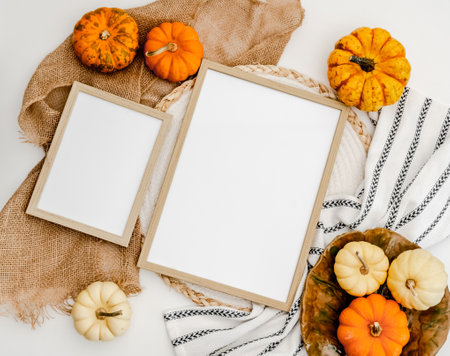 Two wooden frames with orange ripe pumpkins, boho style decor on table mockup. Halloween home decoration template with copy spaceの写真素材