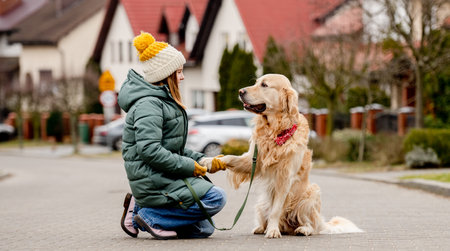 Preteen child girl sitting with golden retriever dog at autumn street and holding its paw in her hand. Pretty kid with purebred pet doggy labrador outdoors at cityの写真素材