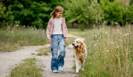 Preteen girl with golden retriever dog walking at nature. Cute child kid with purebred pet doggy labrador in park at summerの写真素材