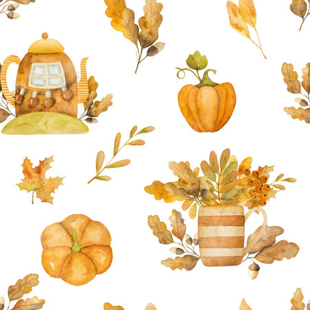 Autumn leaves in kettle house with pumpkin watercolor drawing seamless pattern. Fall season foliage aquarelle paintingの写真素材