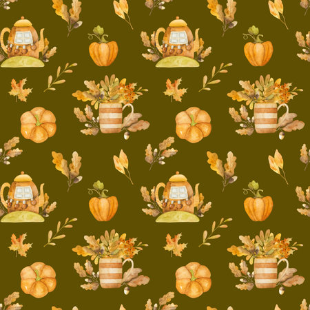 Autumn leaves in kettle house with pumpkin watercolor drawing seamless pattern. Fall season foliage aquarelle paintingの写真素材