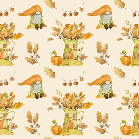 Cute autumn dwarf with pumpkin harvest watercolor painting seamless pattern. Fall season cartoon gnome with orange vegetable aquarelle paintingの写真素材