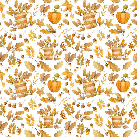 Autumn oak and maple leaves with pumpkin watercolor drawing seamless pattern. Fall season foliage with acorns aquarelle paintingの写真素材