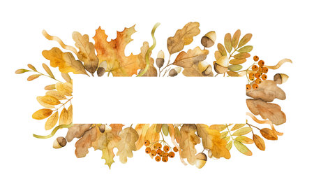 Autumn oak and maple leaves frame design watercolor drawing with copy space. Fall season foliage aquarelle paintingの写真素材