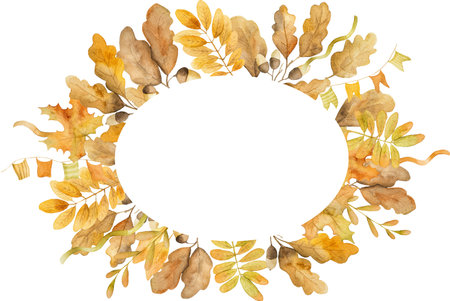 Autumn oak and maple leaves frame design watercolor drawing with copy space. Fall season foliage aquarelle paintingの写真素材