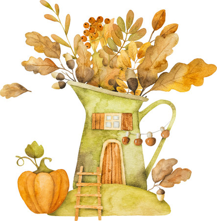 Autumn kettle cartoon house with oak leaves, mushrooms and acorns watercolor painting. Fall teapot home with foliage decorationの写真素材