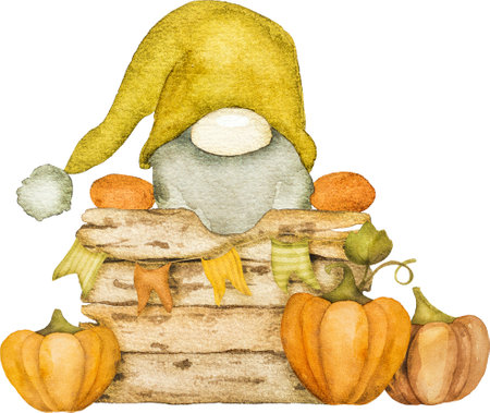 Cute autumn dwarf with mushrooms, arcons and leaves harvest watercolor painting. Fall season cartoon gnome with foliage aquarelle paintingの写真素材