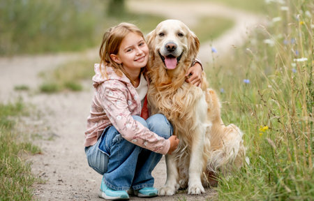 Preteen girl with golden retriever dog sitting at nature and looking back. Cute child kid hugging purebred pet doggy in park at summerの写真素材