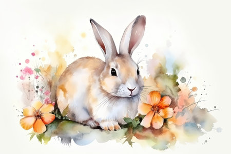 Watercolor illustration of rabbit on a farm surrounded by flowers and splashes of watercolor paint on a white background , generative AIの素材