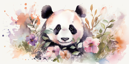 Watercolor paint illustration of panda portrait in flowers on white background , generative AIの素材