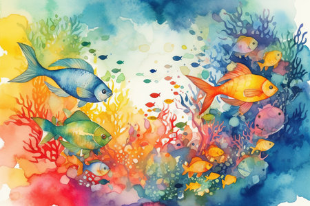 Watercolor illustration of vibrant fish around underwater reef with, brightly colored , generative AIの素材