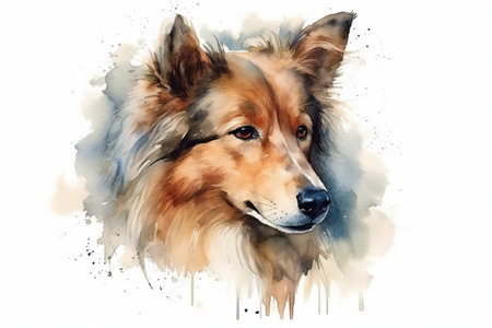 Watercolor illustration of shetland sheepdog portrait with drops and splashes of watercolor paint on white background , generative AIの素材