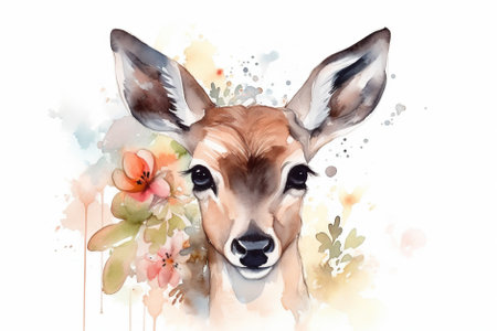 Watercolor illustration of cute deer surrounded by flowers and splashes of watercolor paint on a white background , generative AIの素材