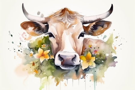 Watercolor illustration of brown cow on a farm surrounded by flowers and splashes of watercolor paint on a white background , generative AIの素材