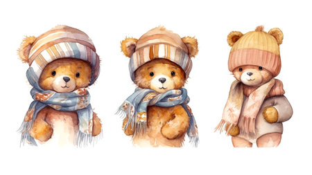 Watercolor illustration of three plush teddy bears in warm hats and scarfs on a white background , generative AIの素材
