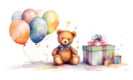 Watercolor illustration of a plush teddy bear near gifts and festive balloons , generative AIの素材
