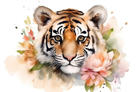 Watercolor illustration of baby tiger surrounded by flowers and splashes of watercolor paint on a white background , generative AIの素材