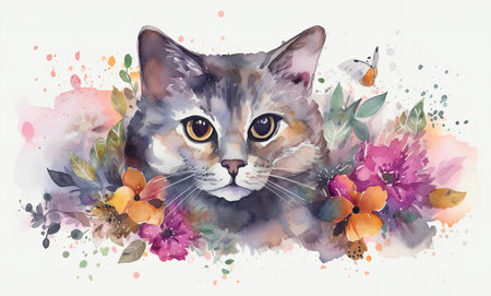 Watercolor illustration of a grey cat surrounded by flowers and splashes of watercolor paint on a white background , generative AIの素材