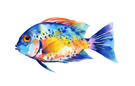Watercolor illustration of a multicolored fish on a white background , generative AIの素材