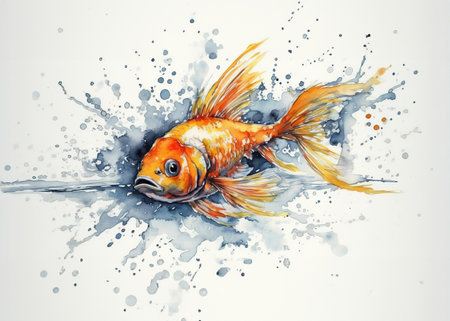 Watercolor illustration of a vibrant goldfish with splashes of dark watercolor paint on a white background , generative AIの素材