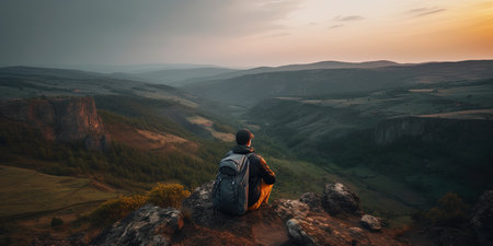lonely traveler with backpack sitting in mountains and looking at far, amazing landscape panoramic view, generative AIの素材