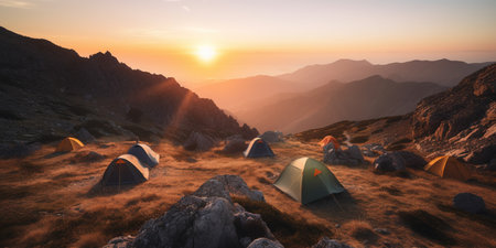 beautiful landscape View on mountains sunrise with tourist tents on a hill, generative AIの素材
