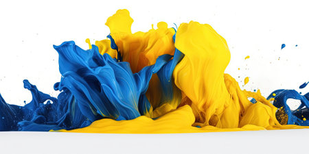 blue and yellow splashes of paints Ukrainian national flag colors on a white background, generative AIの素材
