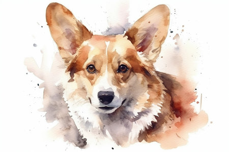 Watercolor illustration of cute corgi portrait with drops and splashes of watercolor paint on white background , generative AIの素材