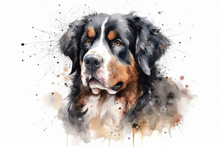 Watercolor illustration of bernese mountain dog portrait with drops and splashes of watercolor paint on white background , generative AIの素材