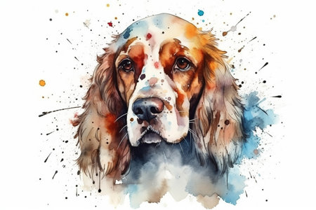 Watercolor illustration of spaniel portrait with drops and splashes of watercolor paint on white background , generative AIの素材