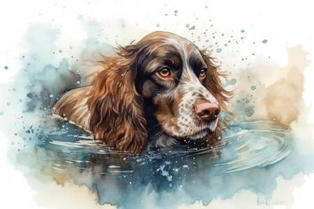 Watercolor illustration of spaniel swimming with drops and splashes of watercolor paint on white background , generative AIの素材