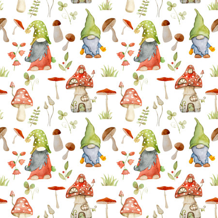 Forest dwarf with mushrooms and bird watercolor painting seamless pattern. Fairytale character gnome with chanterelle aquarelle drawing for postcard decorationの写真素材