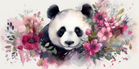 Watercolor paint illustration of panda portrait in flowers on white background , generative AIの素材