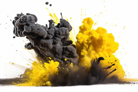drops and splashes of black and yellow paint on a white background, generative AIの素材