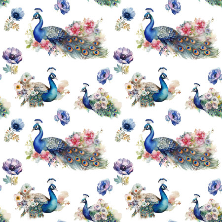 Watercolor illustration of peacock and flower patterns on white background , generative AIの素材