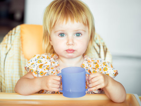 beautiful little girl sitting in a highchair and drinksの写真素材