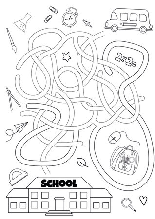 Vector maze isolated on white background. Help the school bus get to school. Education logic game labyrinth for kids. With the solution.のイラスト素材
