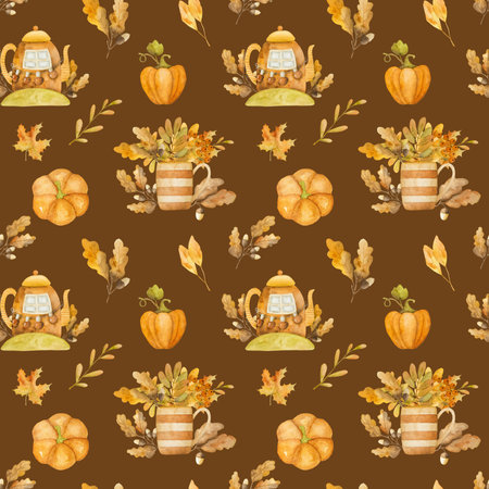Autumn leaves in kettle house with pumpkin watercolor drawing seamless pattern. Fall season foliage aquarelle paintingの写真素材