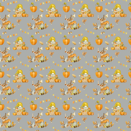 Cute autumn dwarf with pumpkin harvest watercolor painting seamless pattern. Fall season cartoon gnome with orange vegetable aquarelle paintingの写真素材