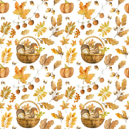 Autumn oak and maple leaves with acorn and mushrooms harvest in basket watercolor seamless pattern. Fall illustration with pumpkins and foliageの写真素材