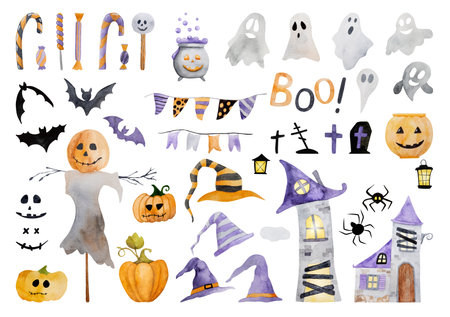 Halloween watercolor paintings wih ghosts, bats and pumpkins. Autumn october scary holiday decoration with tree, witch hats and spider netの写真素材