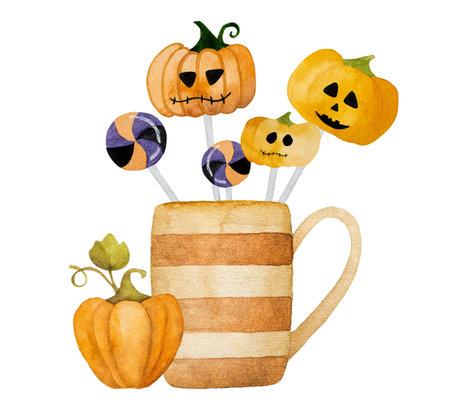 Halloween cup with pumpkin and lollipop decoration watercolor art. Spooky autumn holiday drawing with mug and fall leavesの写真素材
