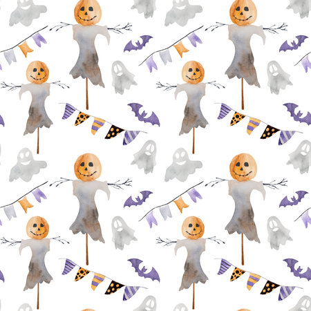 Halloween spooky scarecrow with pumpkin head and bats watercolor painting seamless pattern. Creepy autumn holiday illustrationの写真素材